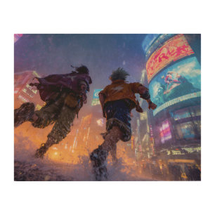 Cyberpunk Anime Warriors Rain Fight Wood Wall Art