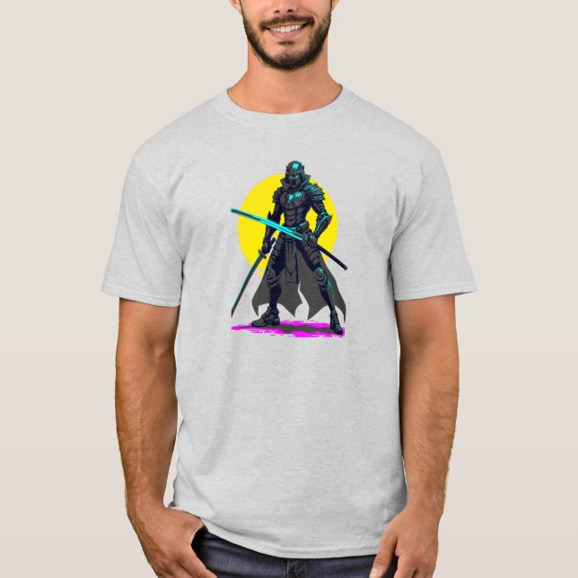 Cyberpunk Armored Samurai Neon Warrior Art T-Shirt (Front)