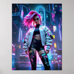Cyberpunk beautiful woman in future city poster