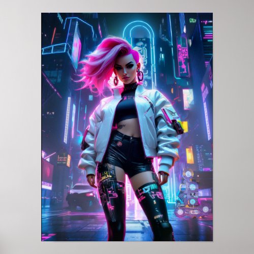 Cyberpunk beautiful woman in future city poster