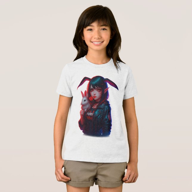 Cyberpunk Bunny Girl – Cool Neon Kids T-Shirt Tri-Blend Shirt (Front Full)