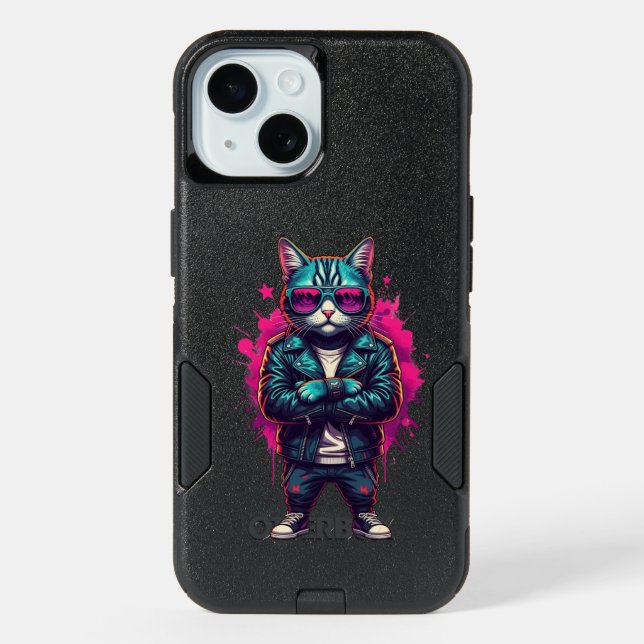 Cyberpunk Cat iPhone 16 Case – Neon Samurai Street (Back)