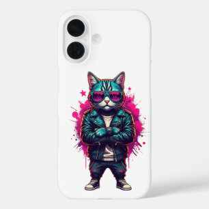 Cyberpunk Cat iPhone 16 Case – Neon Samurai Street