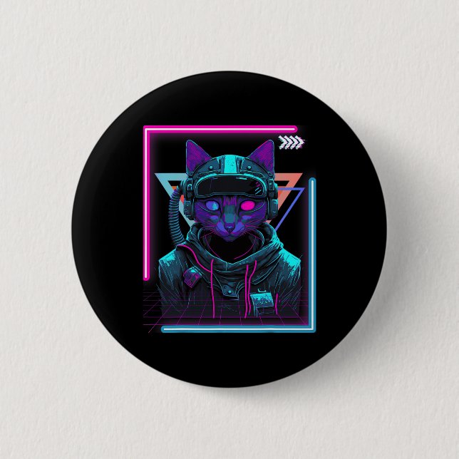 Cyberpunk Cat Kitty Punker Futuristic Cyber Punk  Button (Front)