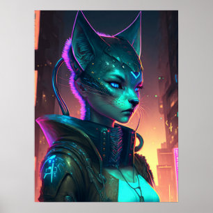 Cyberpunk cat woman in neon city poster