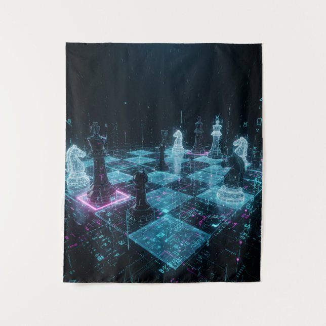 Cyberpunk Chess, Neon Digital Board Game S Tapestry (Front)