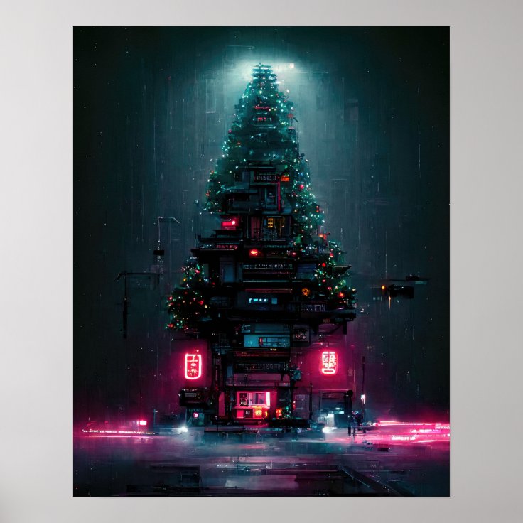 Cyberpunk Christmas Tree Poster Zazzle