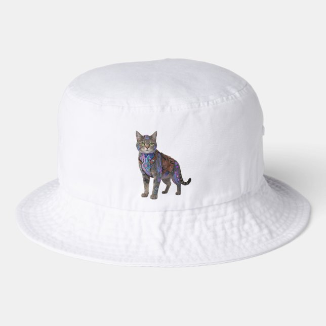 Cyberpunk Circuit Cat – Neon Tech Beast Bucket Hat (Front)