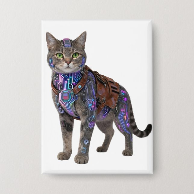 Cyberpunk Circuit Cat – Neon Tech Beast Button (Front)