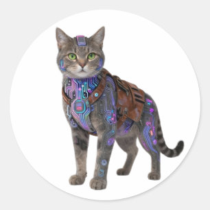 Cyberpunk Circuit Cat – Neon Tech Beast Classic Round Sticker