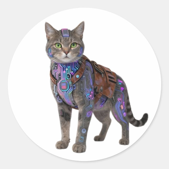 Cyberpunk Circuit Cat – Neon Tech Beast Classic Round Sticker (Front)