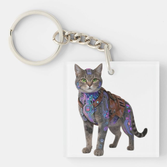 Cyberpunk Circuit Cat – Neon Tech Beast Keychain (Front)