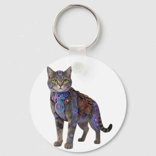 Cyberpunk Circuit Cat – Neon Tech Beast Keychain (Front)