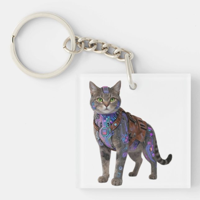 Cyberpunk Circuit Cat – Neon Tech Beast Keychain (Front)