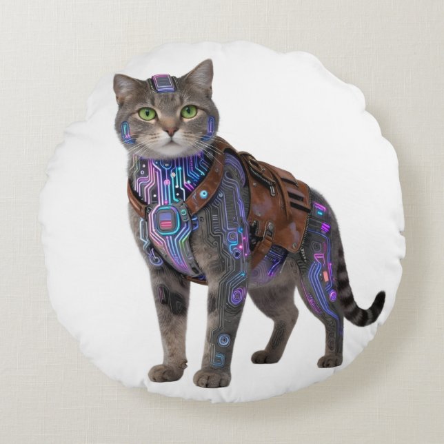 Cyberpunk Circuit Cat – Neon Tech Beast Round Pillow (Front)