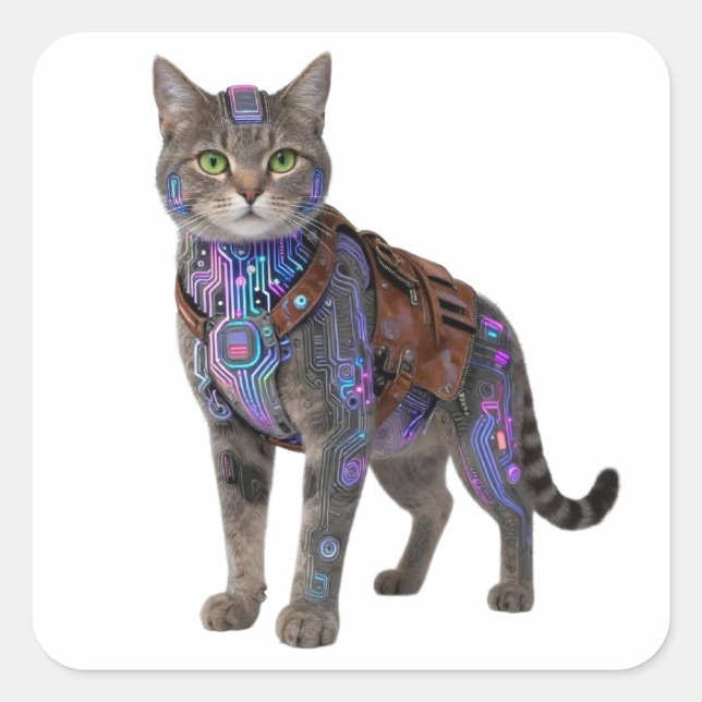 Cyberpunk Circuit Cat – Neon Tech Beast Square Sticker (Front)