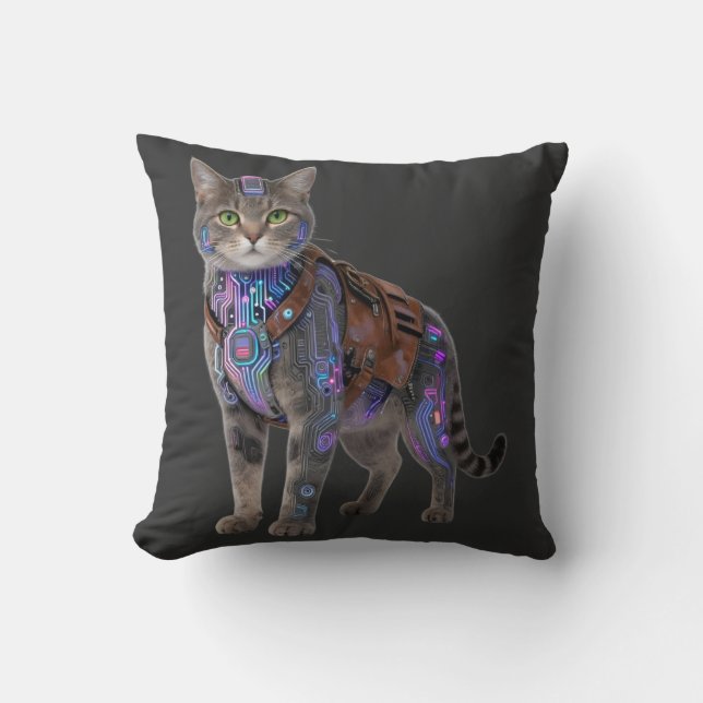 Cyberpunk Circuit Cat – Neon Tech Beast Throw Pillow (Front)