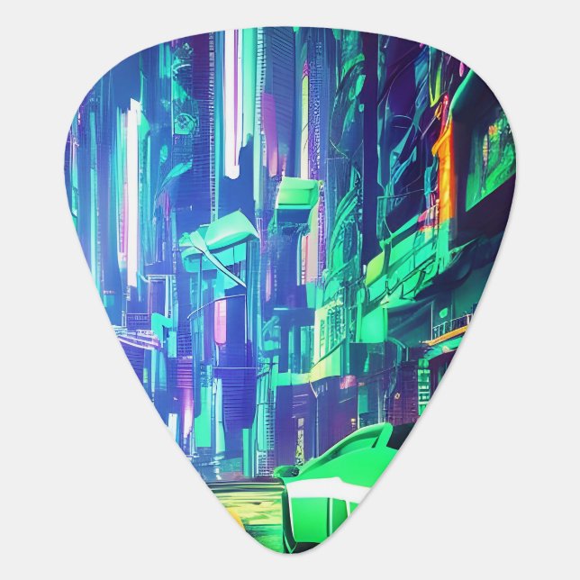Cyberpunk City | Colorful Neon Streetlights Guitar Pick (Front)