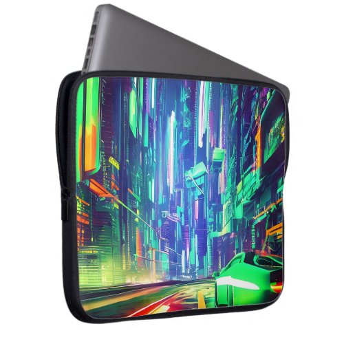 Cyberpunk City  Colorful Neon Streetlights Laptop Sleeve