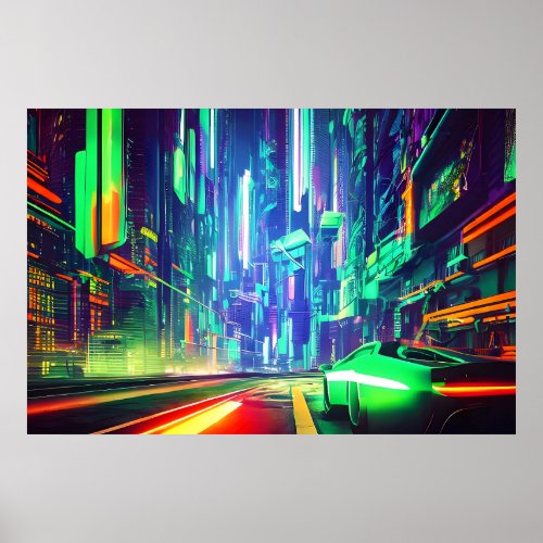 Cyberpunk City  Colorful Neon Streetlights Poster