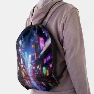 Cyberpunk City Night Drawstring Bag
