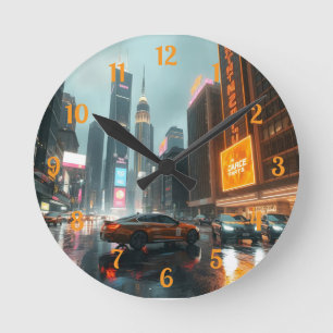 Cyberpunk City Skyscrapper Cars Round Clock