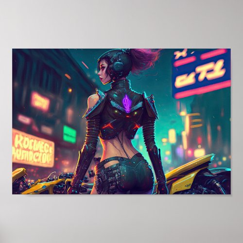cyberpunk cityscape neon lights motorcycle woman poster