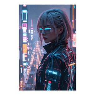 Cyberpunk Cityscape Poster Futuristic Female Hacke