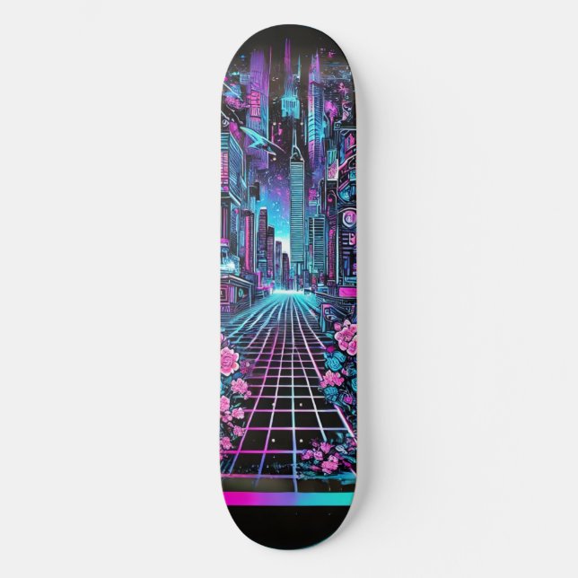 Cyberpunk Cityscape Skateboard Deck – Neon (Front)