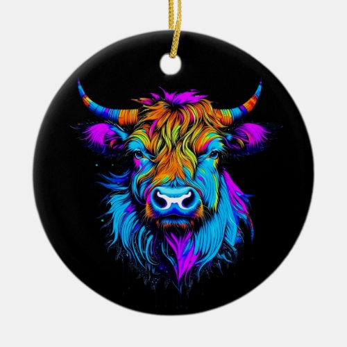 Cyberpunk Colorful Ai Highland Cow Christmas Ceramic Ornament