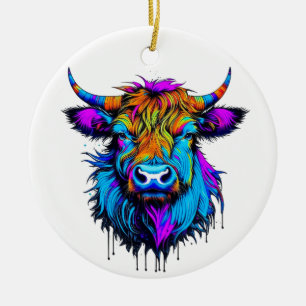 Cyberpunk Colorful Ai Highland Cow Christmas Ceramic Ornament