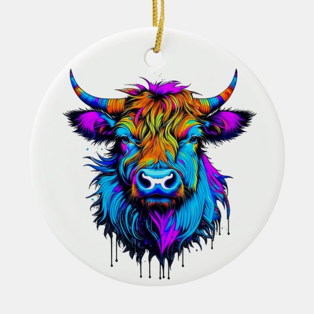 Cyberpunk Colorful Ai Highland Cow Christmas Ceramic Ornament (Front)