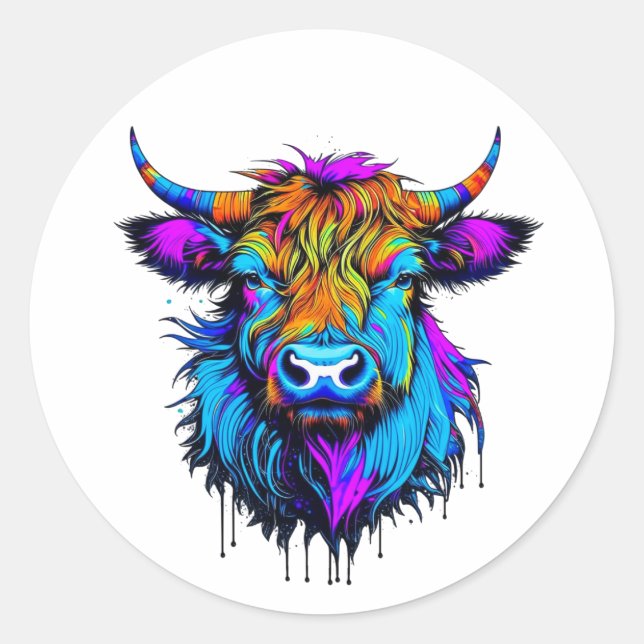 Cyberpunk Colorful Ai Highland Cow Classic Round Sticker (Front)