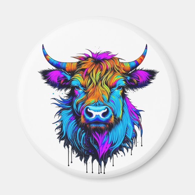 Cyberpunk Colorful Ai Highland Cow Magnet (Front)