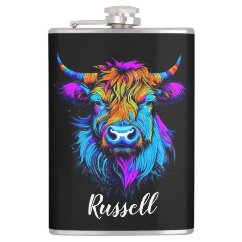 Cyberpunk Colorful Ai Highland Cow Personalized Flask