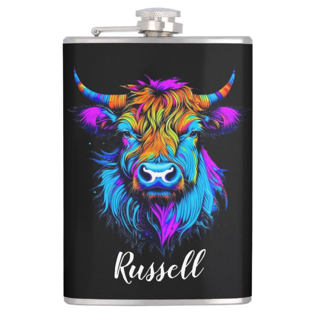 Cyberpunk Colorful Ai Highland Cow Personalized Flask (Front)
