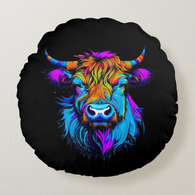 Cyberpunk Colorful Ai Highland Cow  Round Pillow (Front)