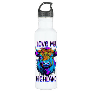 Cyberpunk Colorful Ai Highland Cow Stainless Steel Water Bottle