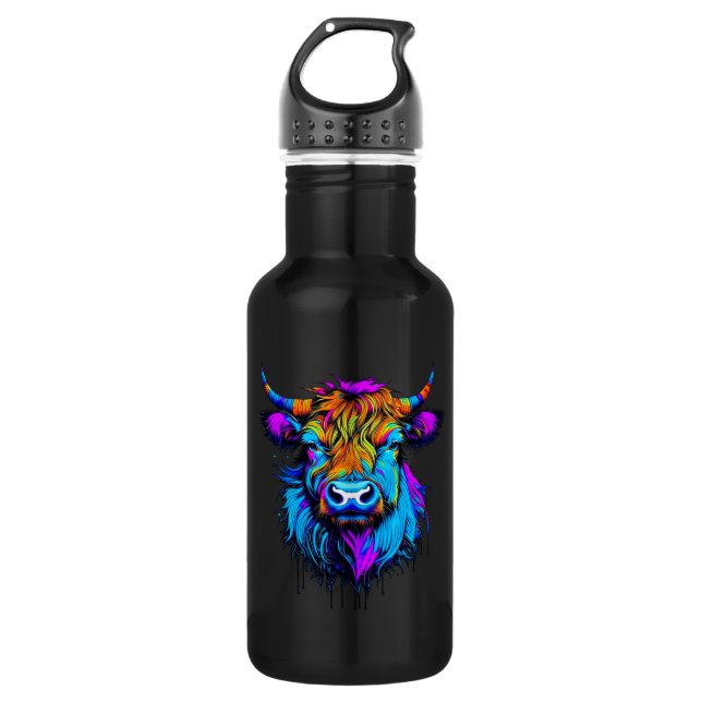 Cyberpunk Colorful Ai Highland Cow Stainless Steel Water Bottle (Front)