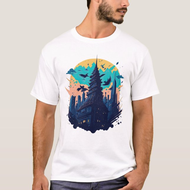 Cyberpunk colorful city in Watercolor style T-Shirt (Front)