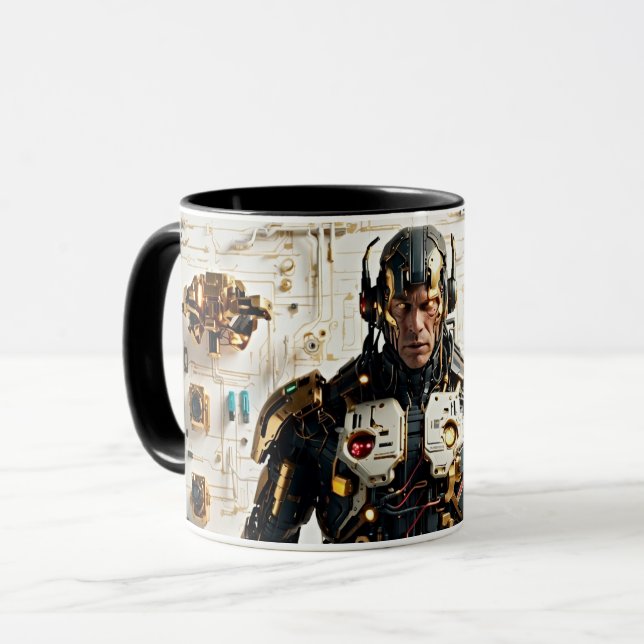 Cyberpunk Cyborg Commander Mug – Gold & Black (Front Left)