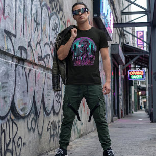 Cyberpunk Cyborg Warrior Neon Cityscape T-Shirt