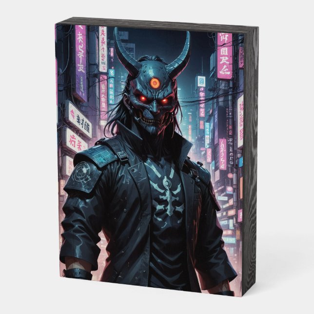 Cyberpunk Demon Samurai Wooden Box Sign (Angled Vertical)