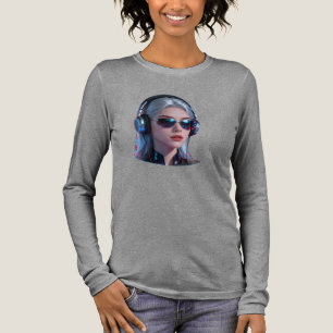 Cyberpunk DJ Girl Neon Headphones Long Sleeve T-Sh Tri-Blend Shirt
