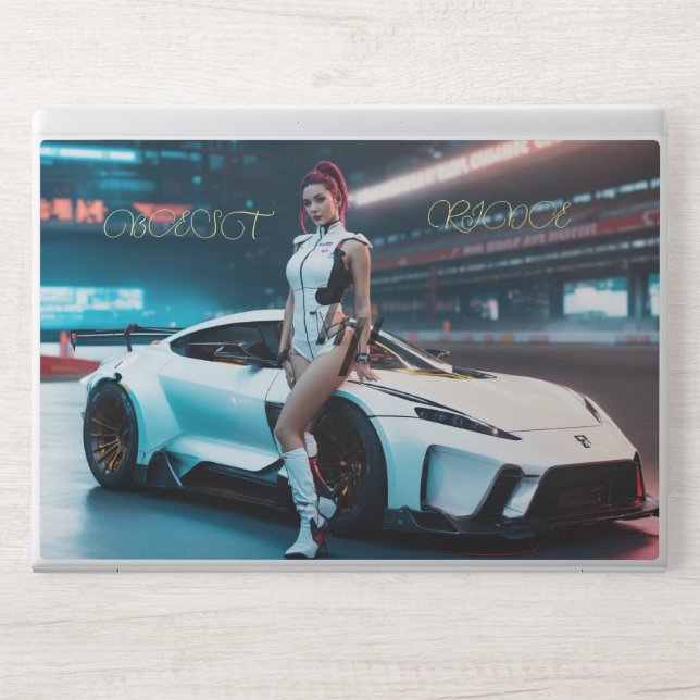 "Cyberpunk Dream Girl & Futuristic Race Car Full B HP Laptop Skin (Front)