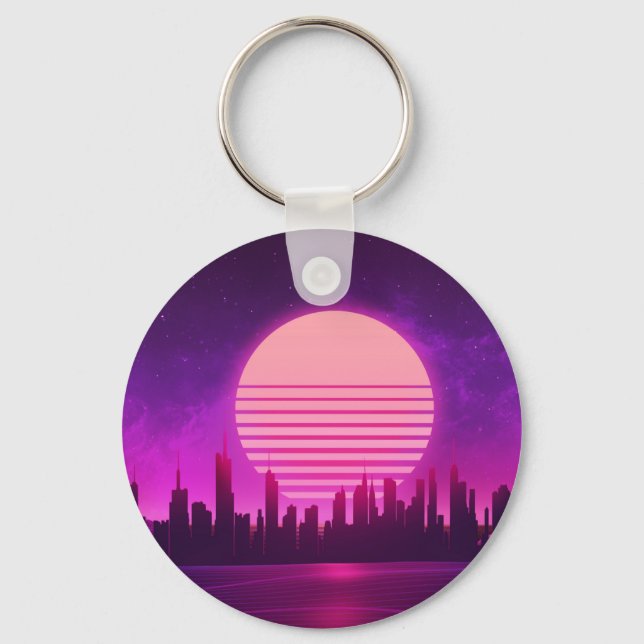cyberpunk eletronic synthwave scifi pink large keychain (Front)