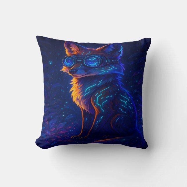 Cyberpunk Fox in Neon Jungle – Futuristic Glowing  Throw Pillow (Front)