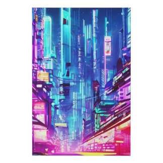 Cyberpunk Futuristic Neon City Faux Canvas Print