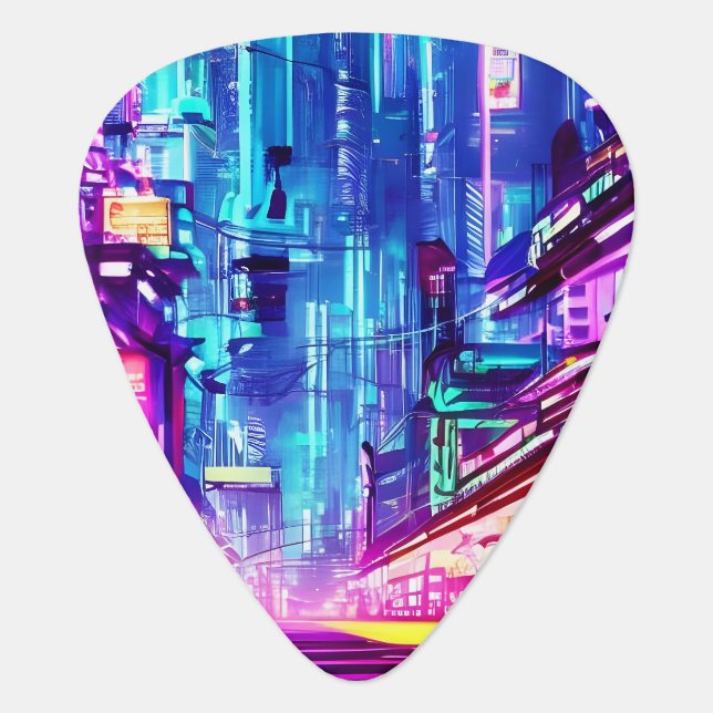 Cyberpunk Futuristic Neon City Guitar Pick (Front)