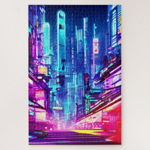 Cyberpunk Futuristic Neon City Jigsaw Puzzle
